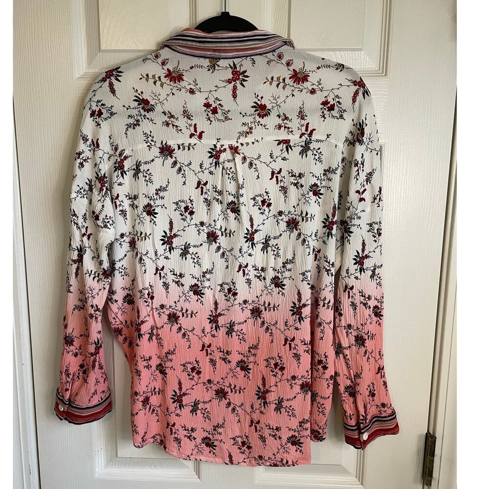 POL Ombre Floral Button Up Blouse Sz M Pink Red Cream Boho Gauze Top Casual - Picture 2 of 11